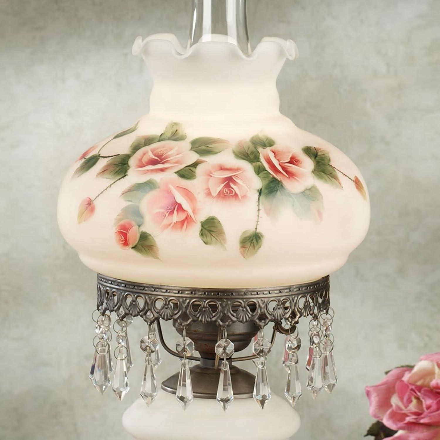 Adelaide Hurricane Table Lamp with Handpainted Pink Roses on Scalloped Glass Shade and Faux Crystal Beads 24 Inches High