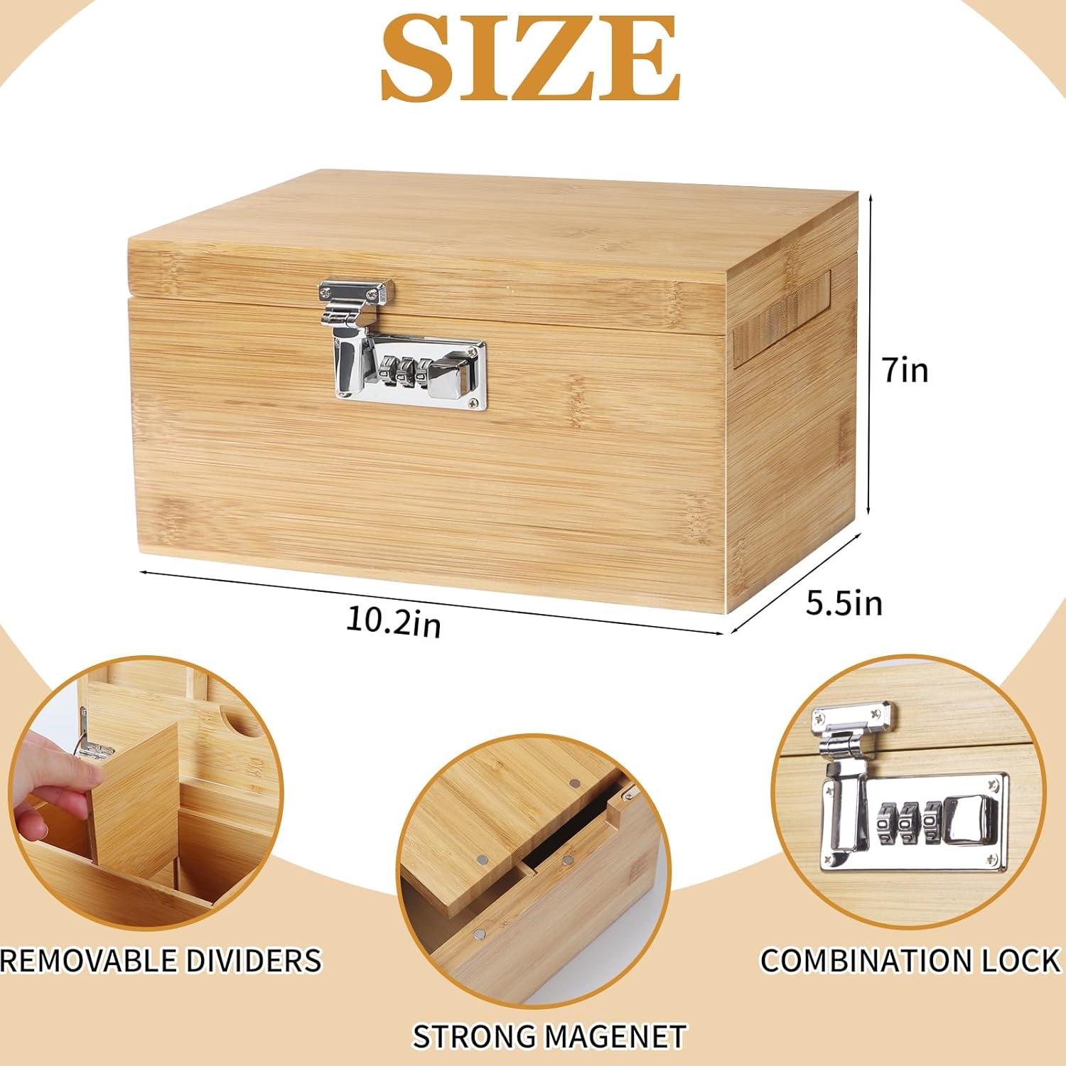 Large Bamboo Box with Combination Lock, Decorative Storage Box with Detachable Compartment, Wooden Boxes with Alright Jars & Brushes as Great Gift Choice.