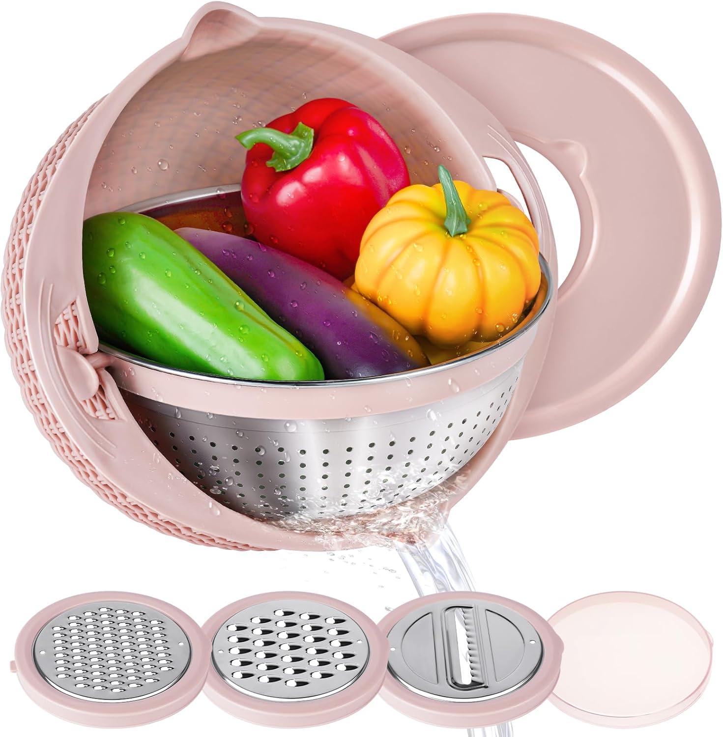 Pink 4-in-1 Stainless Steel Colander with Plastic Mixing Bowl Set