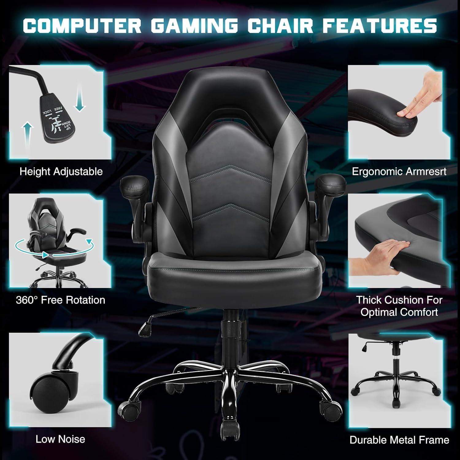 Black Ergonomic PU Leather Gaming Chair with Flip-up Armrests