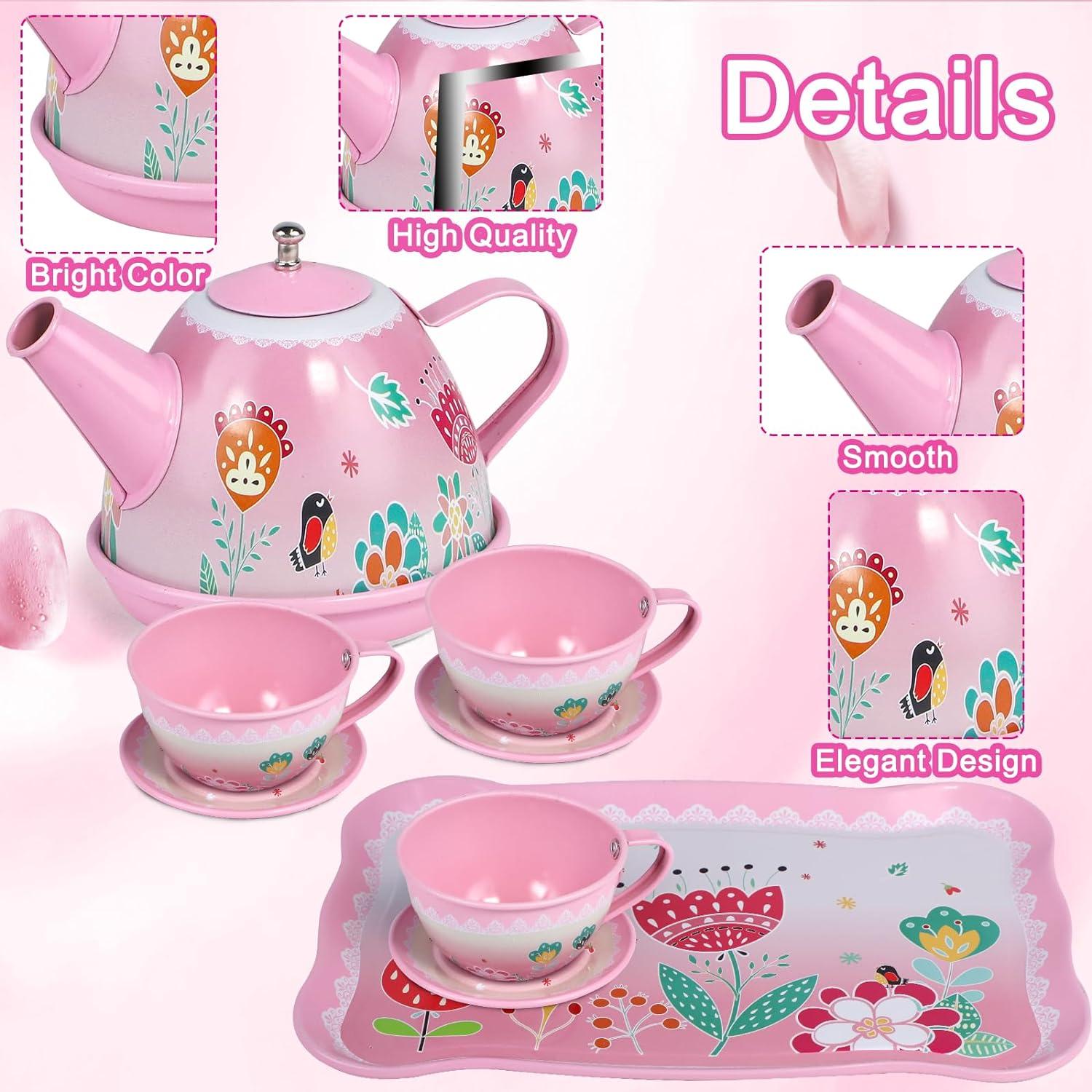 PRE-WORLD Tea Party Set for Little Girls, Princess Tea Time Toy Including Dessert,Cookies,Doughnut,Teapot Tray Cake, Tablecloth & Carrying Case,Kids Kitchen Pretend Play for Girls Boys Age 3-6