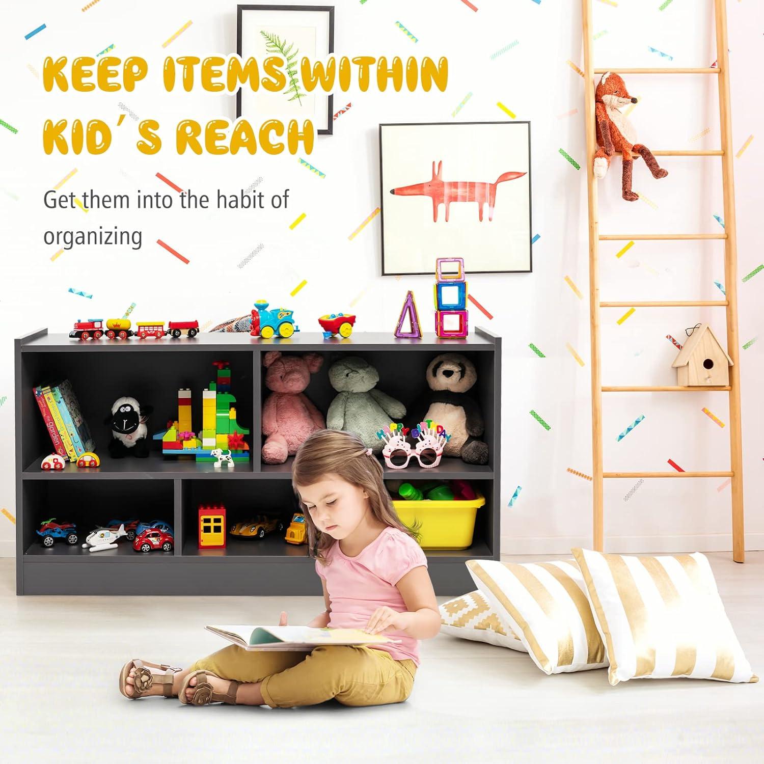Costway Kids 2-Shelf Bookcase 5-Cube Wood Toy Storage Cabinet Organizer Grey
