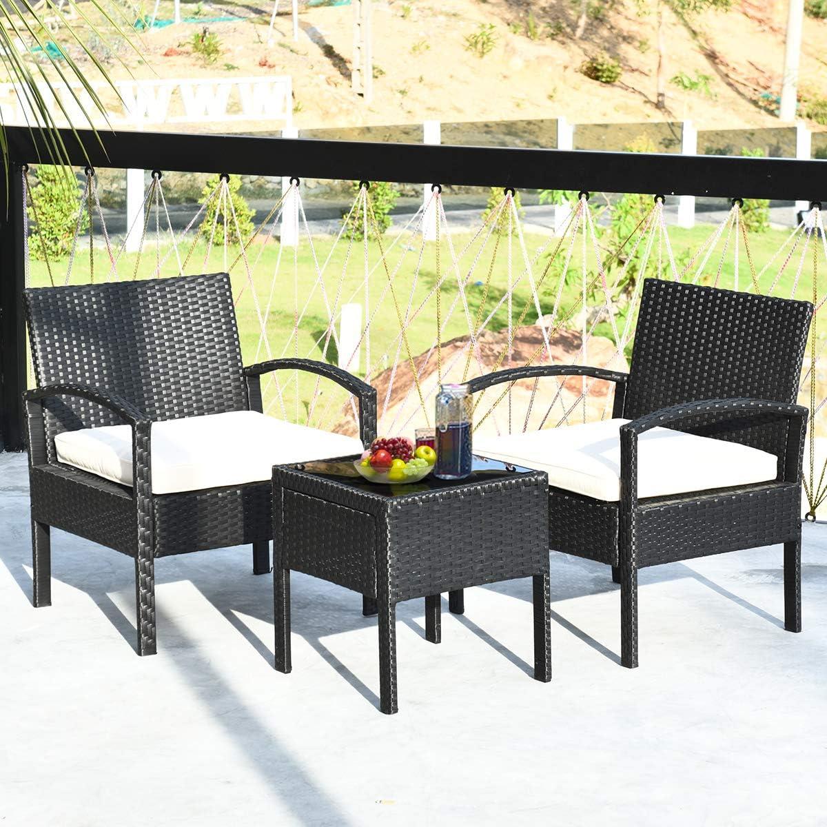 Black Steel 3-Piece Patio Conversation Set with Beige Cushions