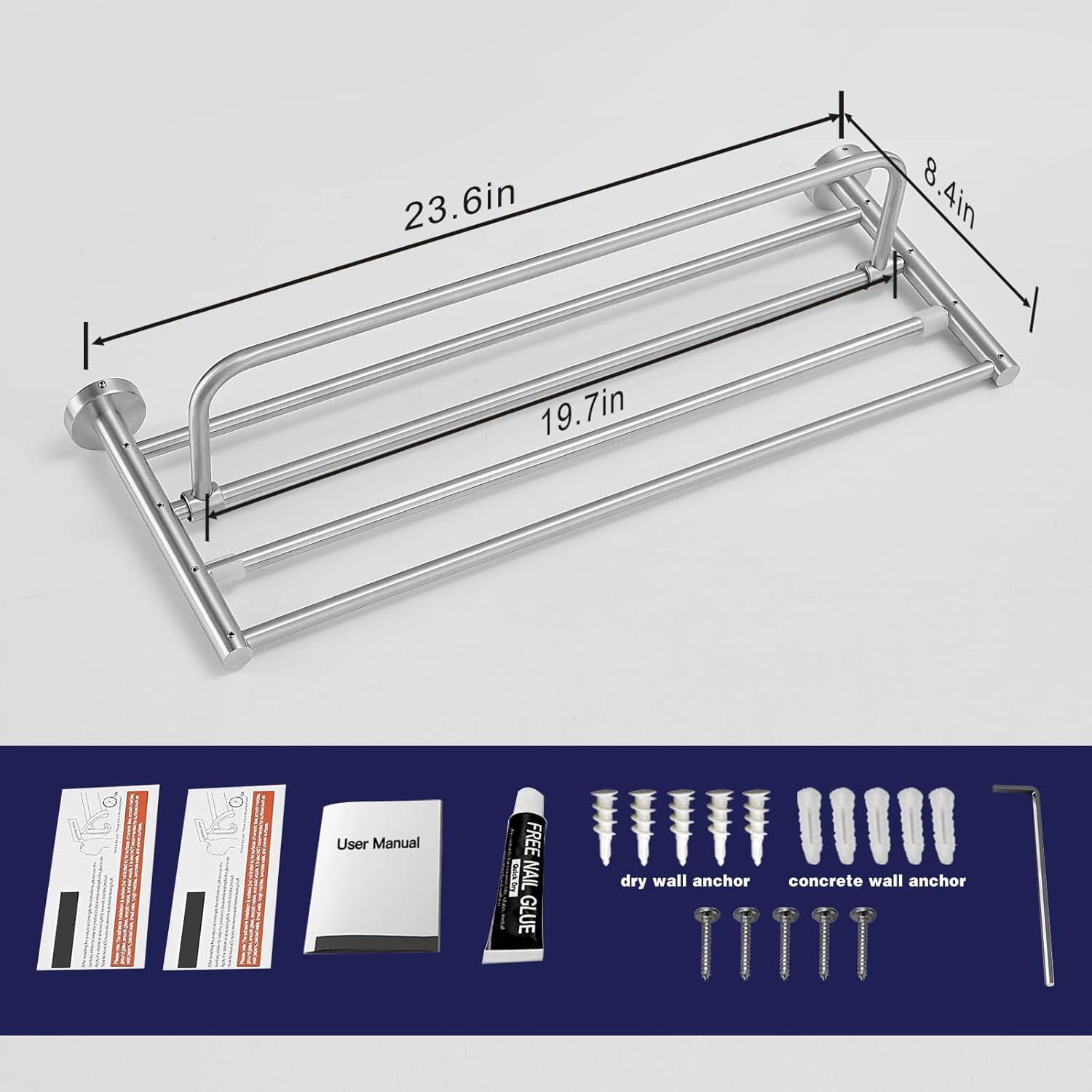 Bathroom Towel Rack，Stainless Steel Towel Shelf with Towel Bar 24-Inch Towel Holder for Bathroom Wall Mounted Towel Storage Organizer for Bathroom & Lavatory（Brushed Silver）