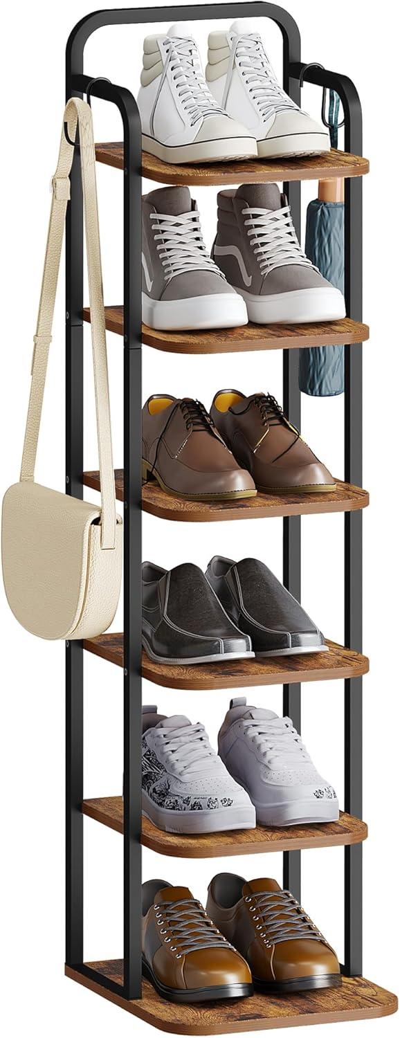 Vertical Shoe Rack, Shoe Shelves, Wood Shoe Organizer For Closet, Entryway, Shoe Tower For Small Spaces, Free Standing, Adjustable, With 2 Hooks, 6 Tier Rustic Brown