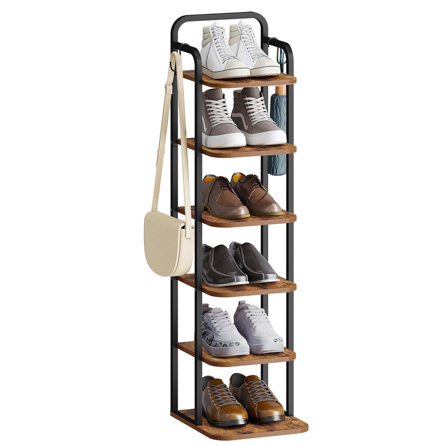 17 Stories Vertical Shoe Rack, Shoe Shelves, Wood Shoe Organizer For Closet, Entryway, Shoe Tower For Small Spaces, Free Standing, Adjustable, With 2 Hooks, 6 Tier Rustic Brown