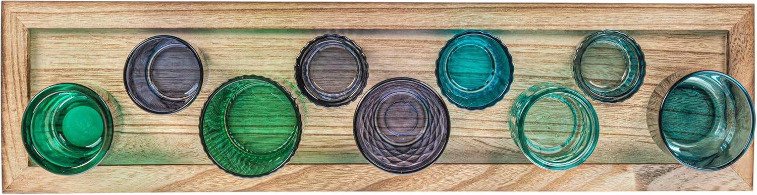 Creative Co-Op Wood Tray with 9 Blue & Green Glass Votive Holders (Set of 10 Pieces)