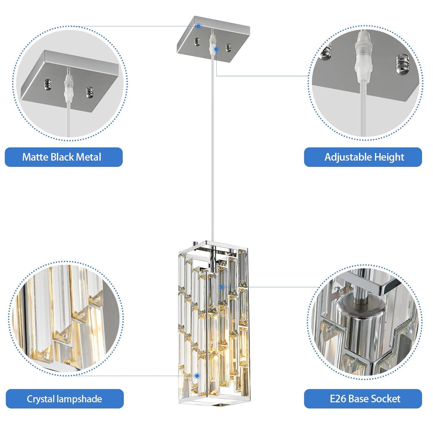 Miniyam Modern Crystal Pendant Light, 3-Pack Adjustable Hanging Ceiling Lamp for Dining Room, Chrome