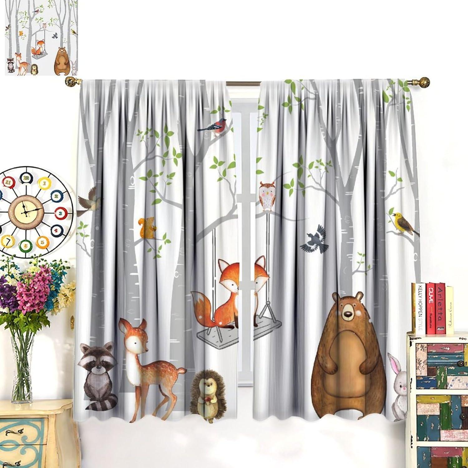 Woodland Kids Curtains, Rustic Vintage Forest Window Drapes Farnhouse Cabin Funny Animals Window Treatments for Boys Girls Bedroom Living Room, 42x45in （No Blackout）