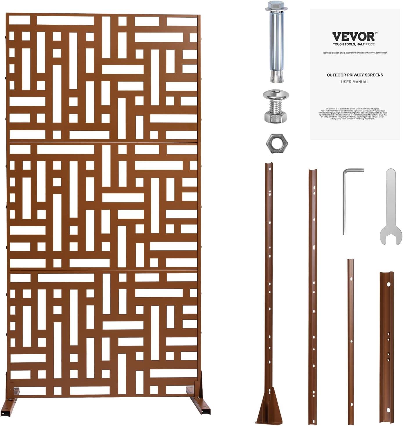 VEVOR Metal Privacy Screen, 47" W x 76" H, Outdoor Privacy Screens 3-Panel, Freestanding Outdoor Divider with Stand, Decorative Garden Steel Privacy Fence for Balcony Patio Indoor Room Hot Tub Brown