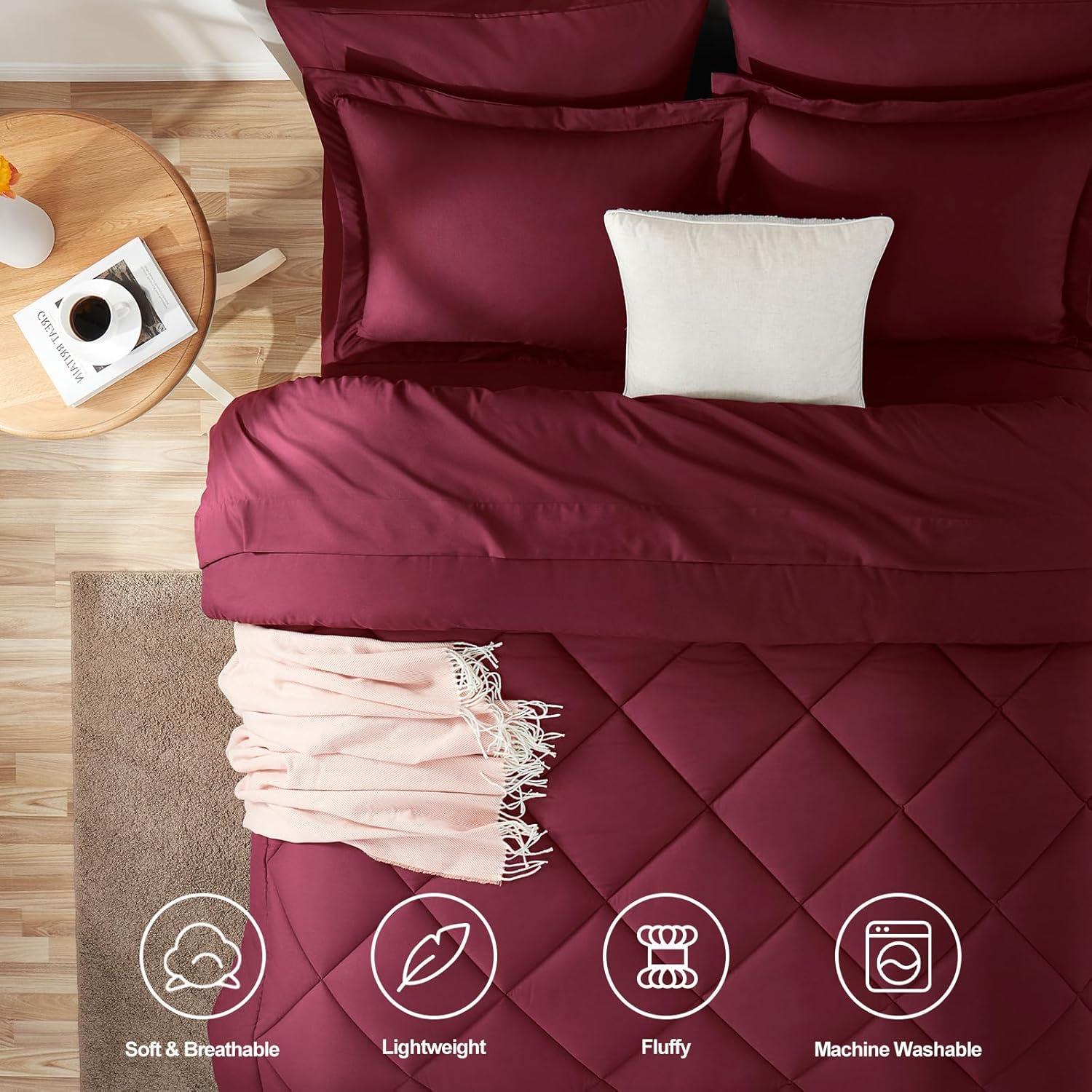 CozyLux Burgundy Comforter Set Queen 7 Pieces Red Comforter Set Queen Bedding Sets Maroon Wine with All Season Quilted Comforter, Flat Sheet, Fitted Sheet, Pillowcases
