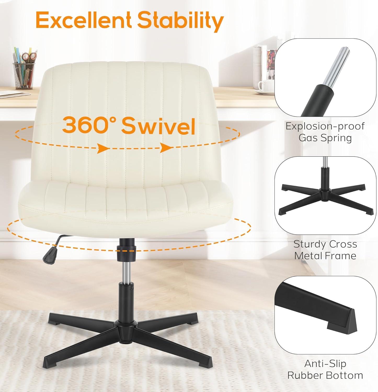 Criss Cross Chair, Cross Legged Office Chair, Wide Comfort Desk Chair, No Wheels Armless Computer Task Chair, Swivel Leather Vanity Home Chair, Height Adjustable