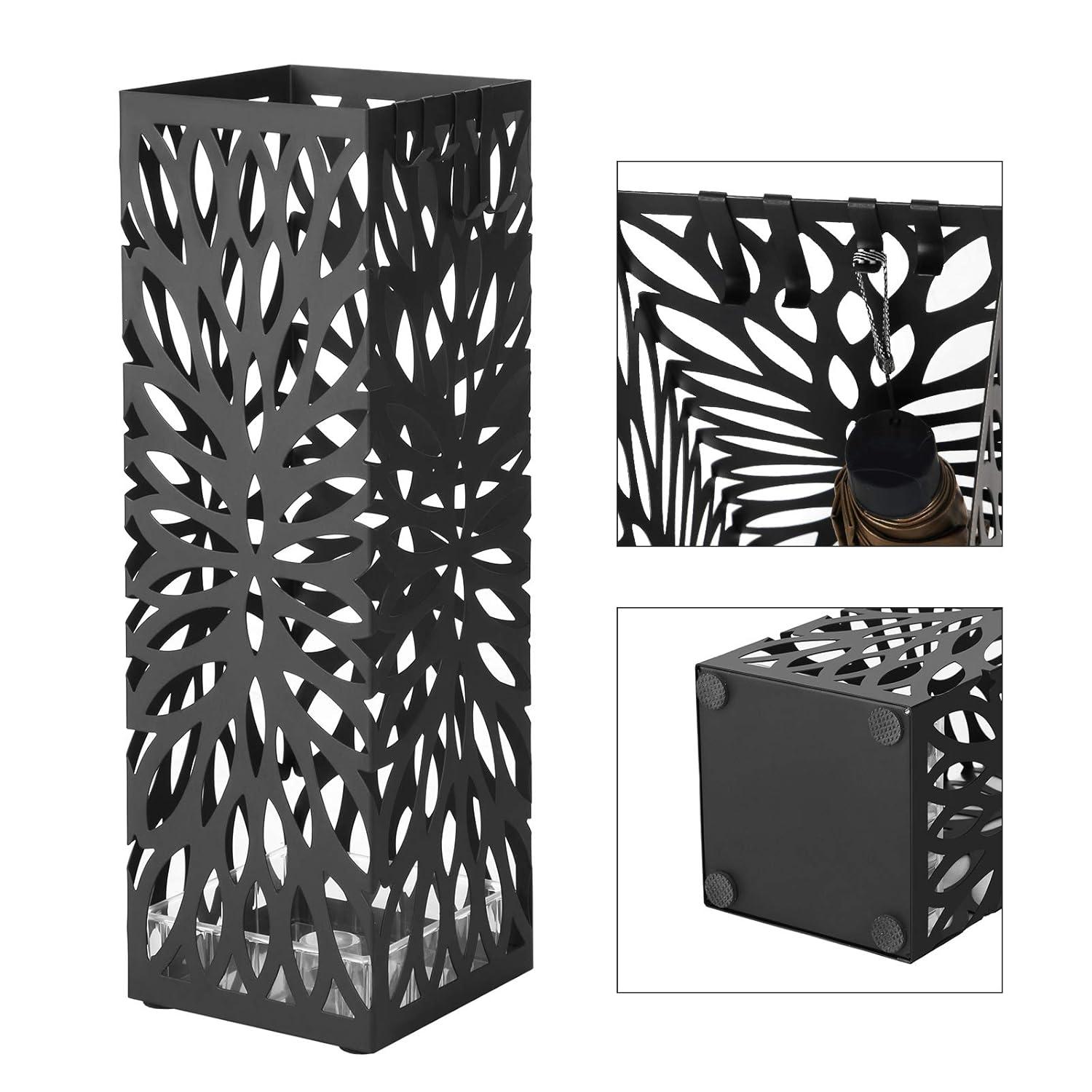 SONGMICS Umbrella Stand, Umbrella Holder for Entryway, Steel Square Umbrella Rack Organizer Freestanding, for Canes Walking Sticks, with a Detachable Drip Tray, 4 Hooks, Black ULUC48B