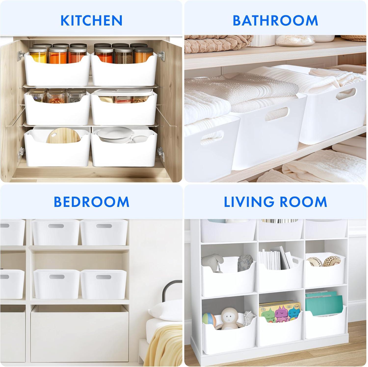 FINESSY White Plastic Storage Bins for Shelves, Small Closet Kitchen Storage Containers for Pantry Bathroom Office Organization Baskets, Cabinet Organizing Containers, White Organizer Bins for Shelves