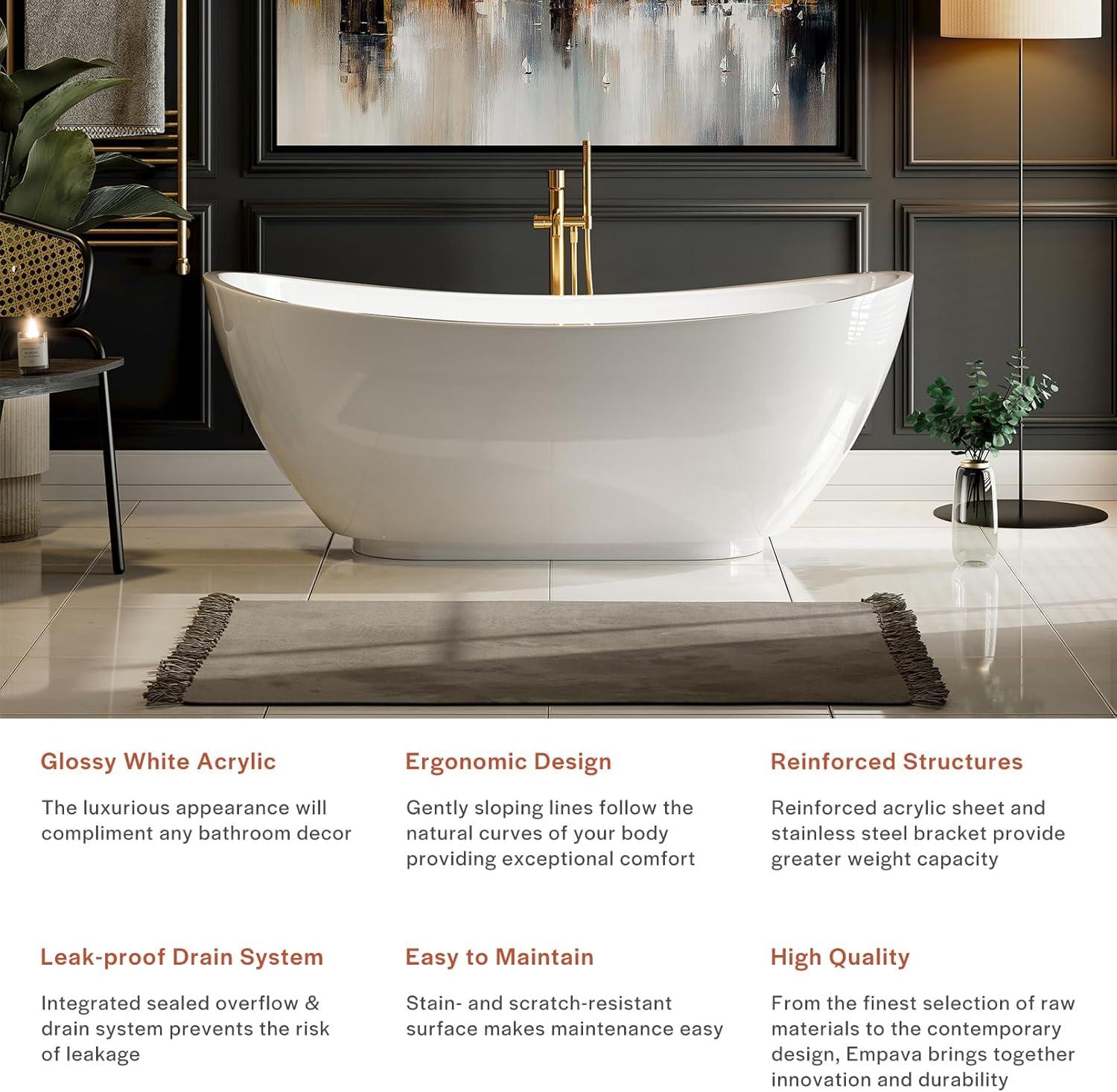 Empava 69" Glossy White Acrylic Freestanding Soaking Tub