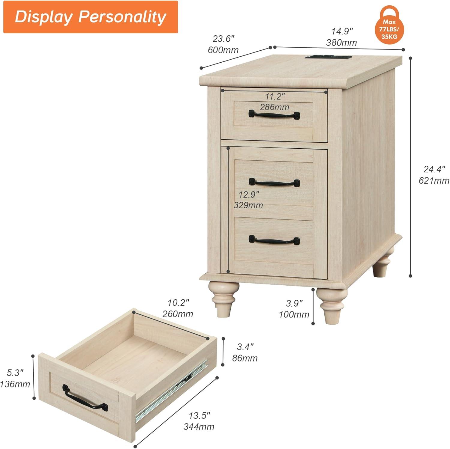 WAMPAT Beige End Table with Charging Station, Narrow Side Table with 1 Drawer &1 Storage Cabinet, Mid Century Modern Nightstand with Power Outlets & USB Ports for Living Room, Bedroom