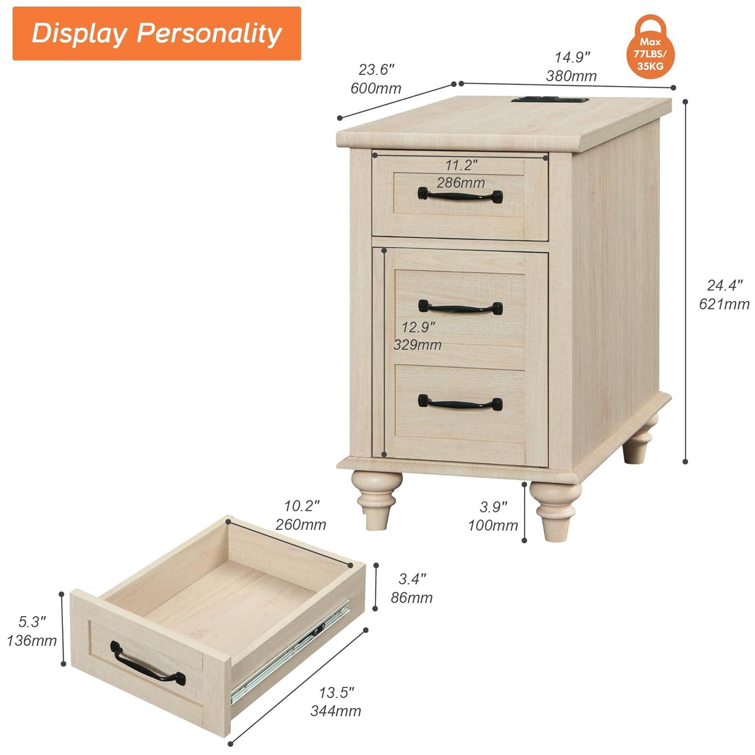 WAMPAT Beige End Table with Charging Station, Narrow Side Table with 1 Drawer &1 Storage Cabinet, Mid Century Modern Nightstand with Power Outlets & USB Ports for Living Room, Bedroom