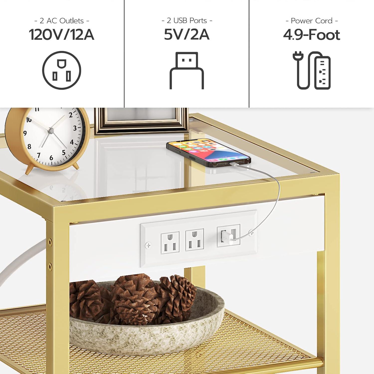 Side Table with Charging Station, Set of 2 End Tables with USB Ports, Nightstand for Tight Spaces, Tempered Glass, Modern Metal Frame, for Office, Bedroom, Living Room, Gold