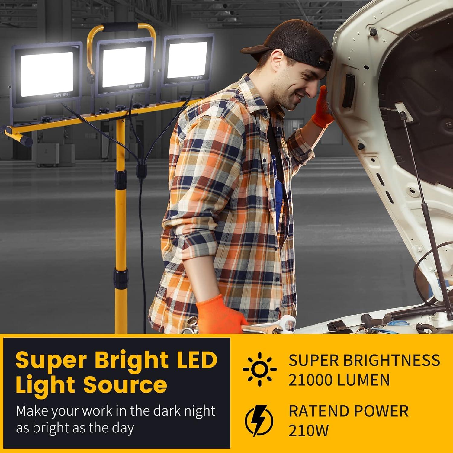21000 Lumen Work Lights with Stand，3 Adjustable Head LED Work Light, with Adjustable and Foldable Tripod Stand, Waterproof Lamp with Individual Switch with 6500 Kelvin Color Temperature