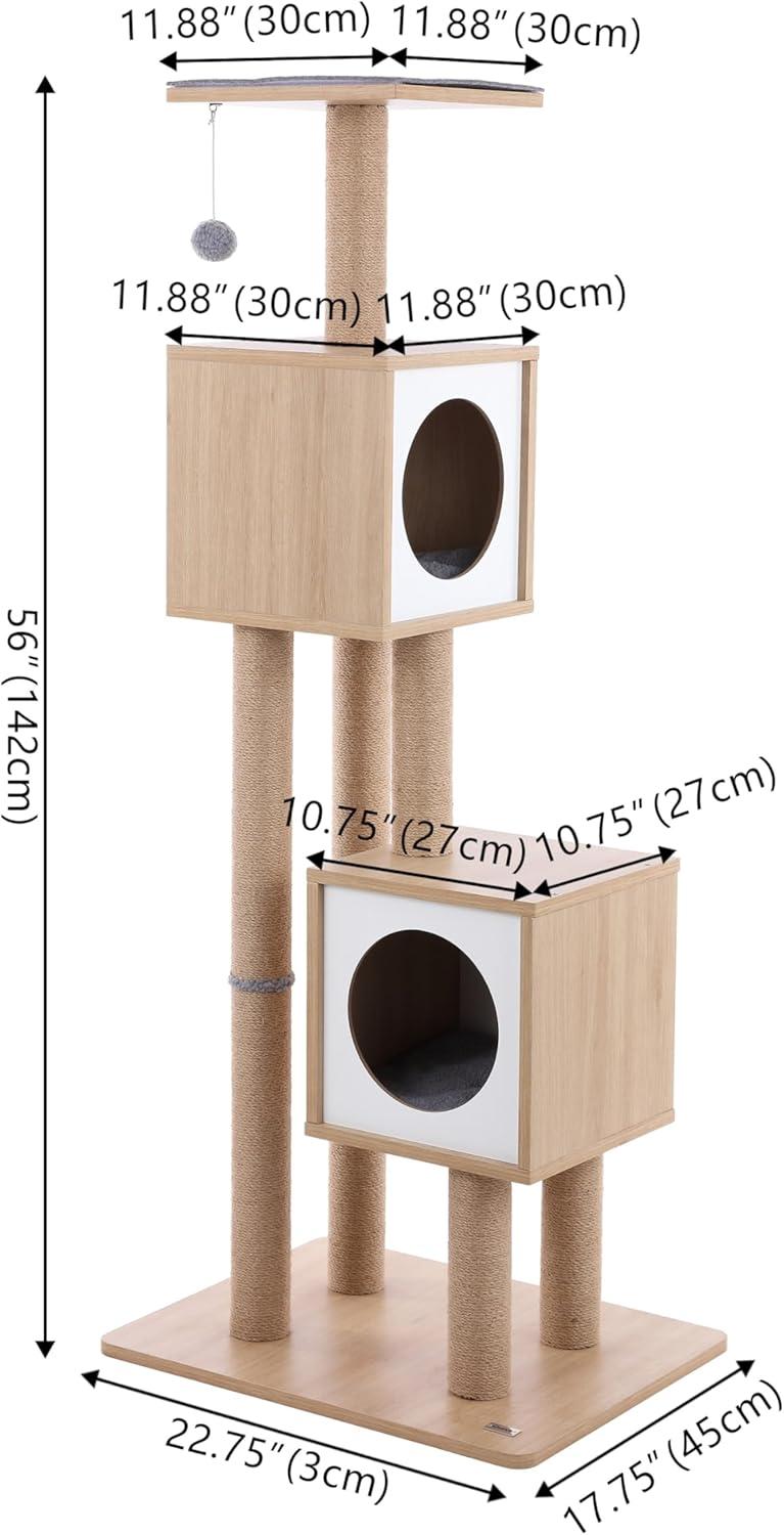 Sawyer 56" 3-Tier Minimalist Jute Cat Tree Condo with Scratching posts, and Fuzzy Toy, Brown/White