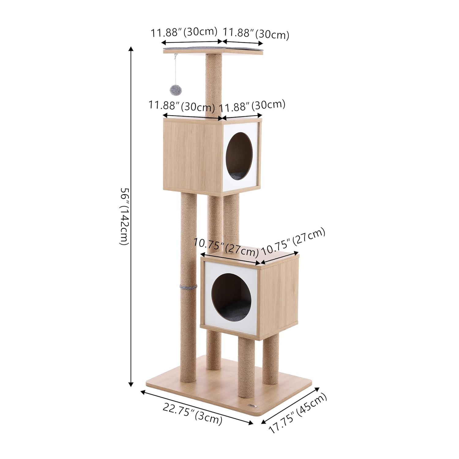 Sawyer 56" 3-Tier Minimalist Jute Cat Tree Condo with Scratching posts, and Fuzzy Toy, Brown/White