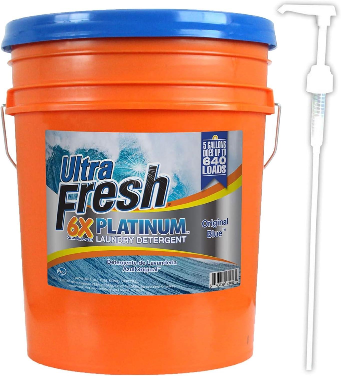 Ultra Fresh 5 Gallon Liquid Laundry Detergent Washing Soap for All Machine Types, 6X Platinum, Up to 640 Loads, Original Blue