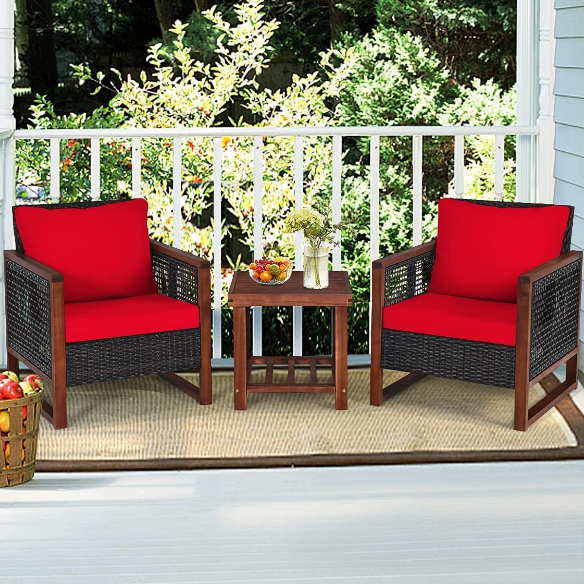 Costway 3PCS Patio Wicker Furniture Set Solid Wood Frame Cushion Sofa w/ Square Table Shelf Red