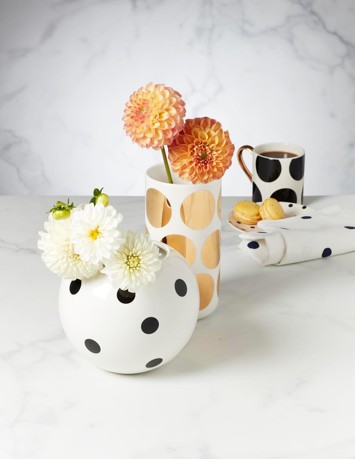 White Ceramic Mugs with Gold Handles and Black Polka Dots, Set of 2