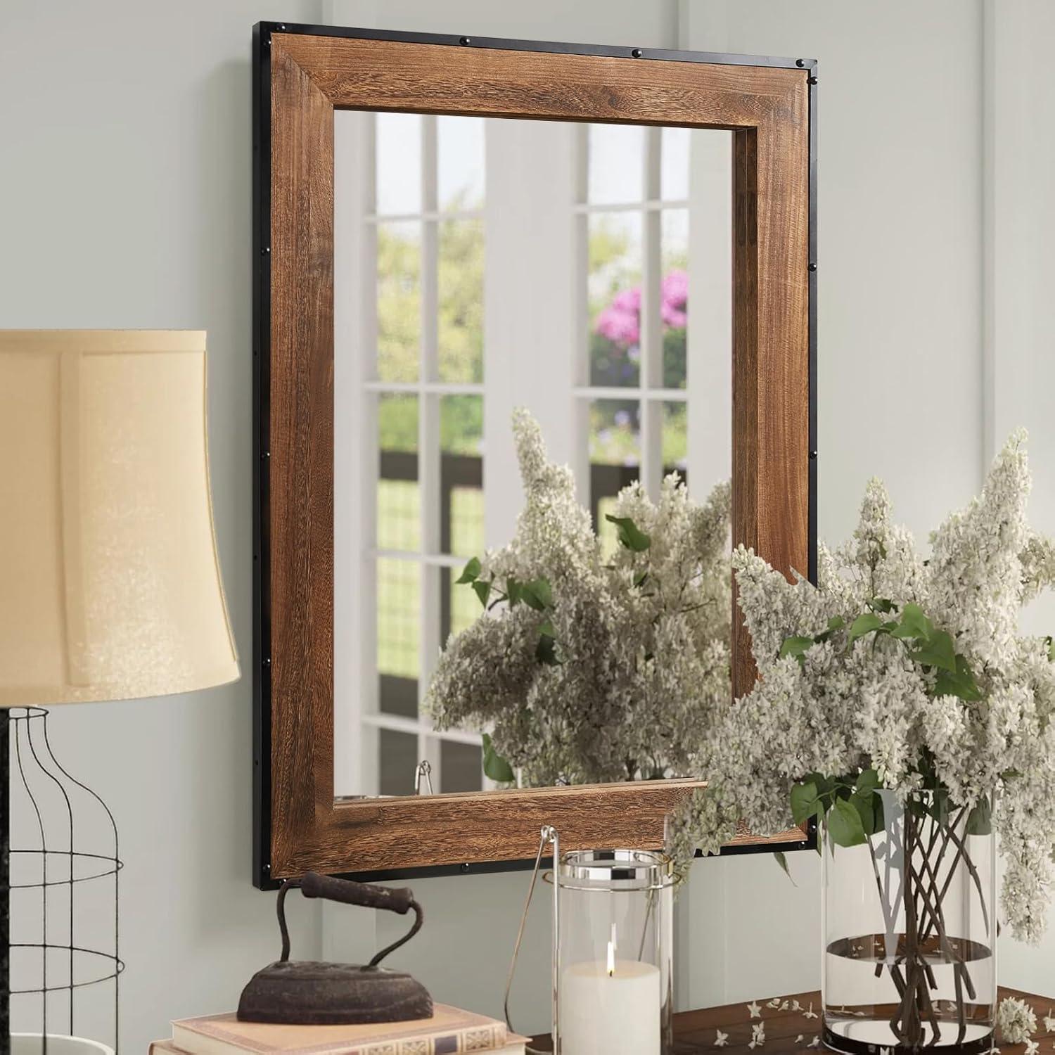 Rustic Natural Wood and Iron Rectangular Wall Mirror