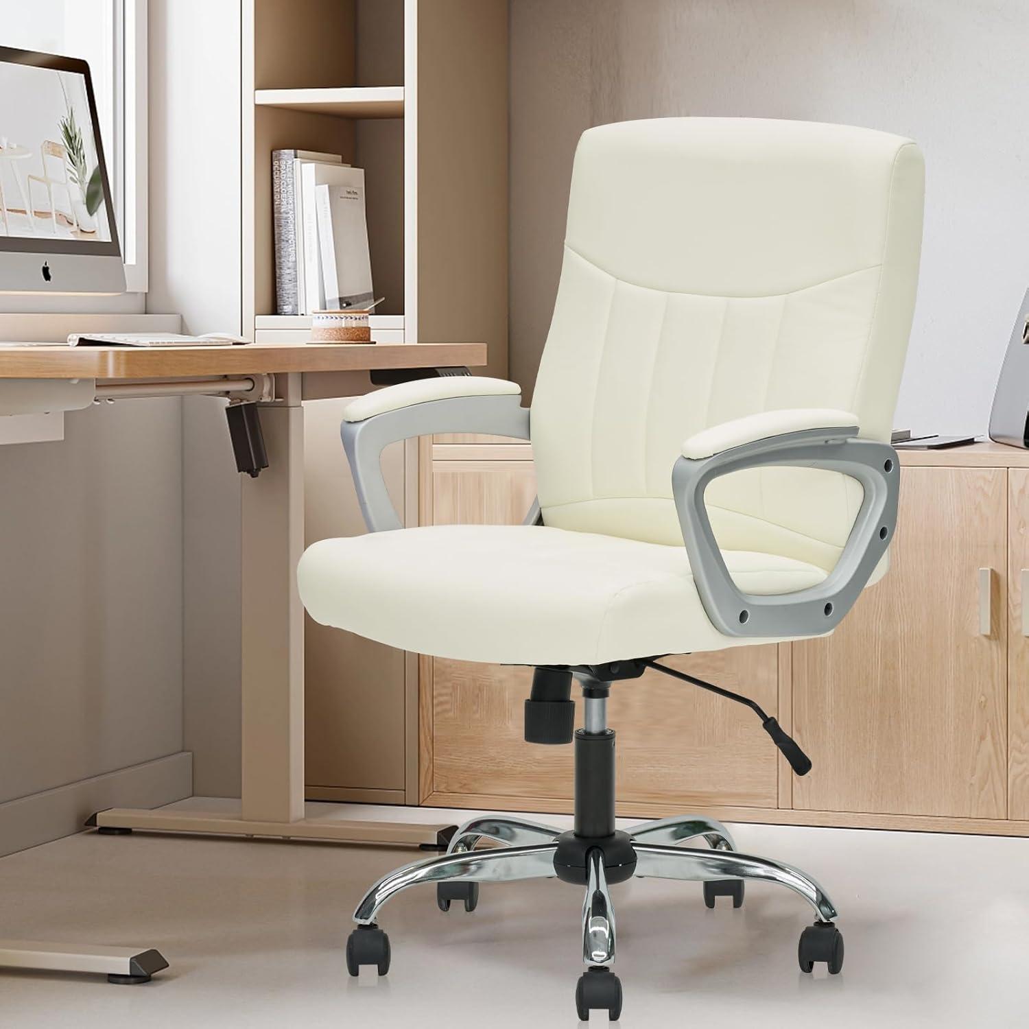 CLATINA Mid Back Leather Office Executive Chair with Lumbar Support and Padded Armrestes Swivel Adjustable Ergonomic Design for Home Computer Desk White 1 Pack