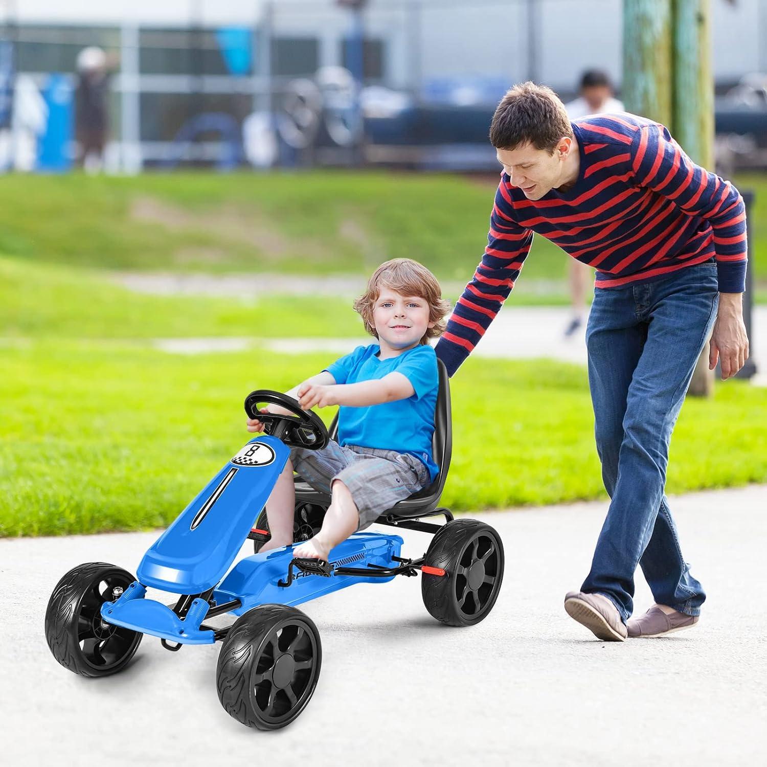 Costway Xmas Gift Go Kart Kids Ride On Car Pedal Powered Car 4 Wheel Racer Toy Stealth Outdoor Blue