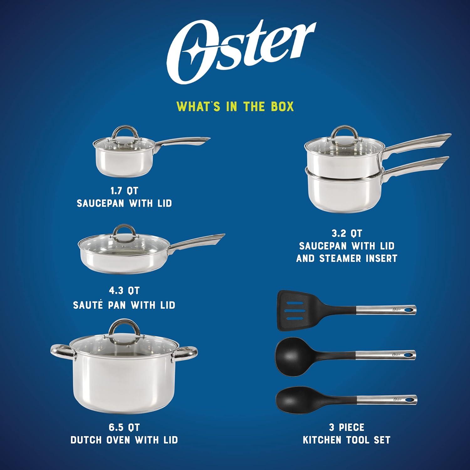 Oster Sangerfield 12 Piece Stainless Steel Cookware Set W/ Kitchen Tools