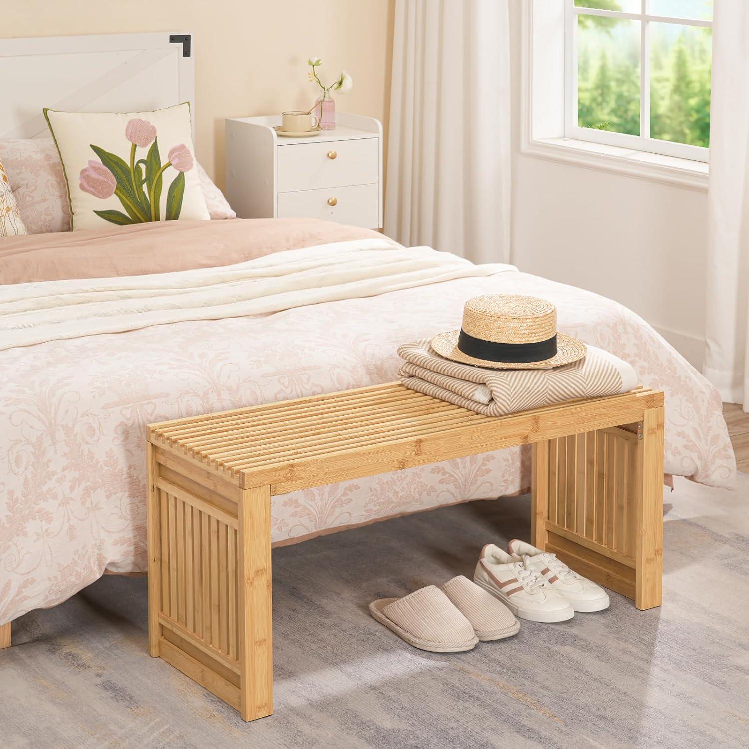 George Oliver Bamboo Dining Bench, 35 Inch Farmhouse Decor Indoor Kitchen Table Bench, Entryway Shoe Rack Bench, Outdoor Bench, Solid Bamboo Benches For Living Room, Hallway, Bedroom, Bathroom