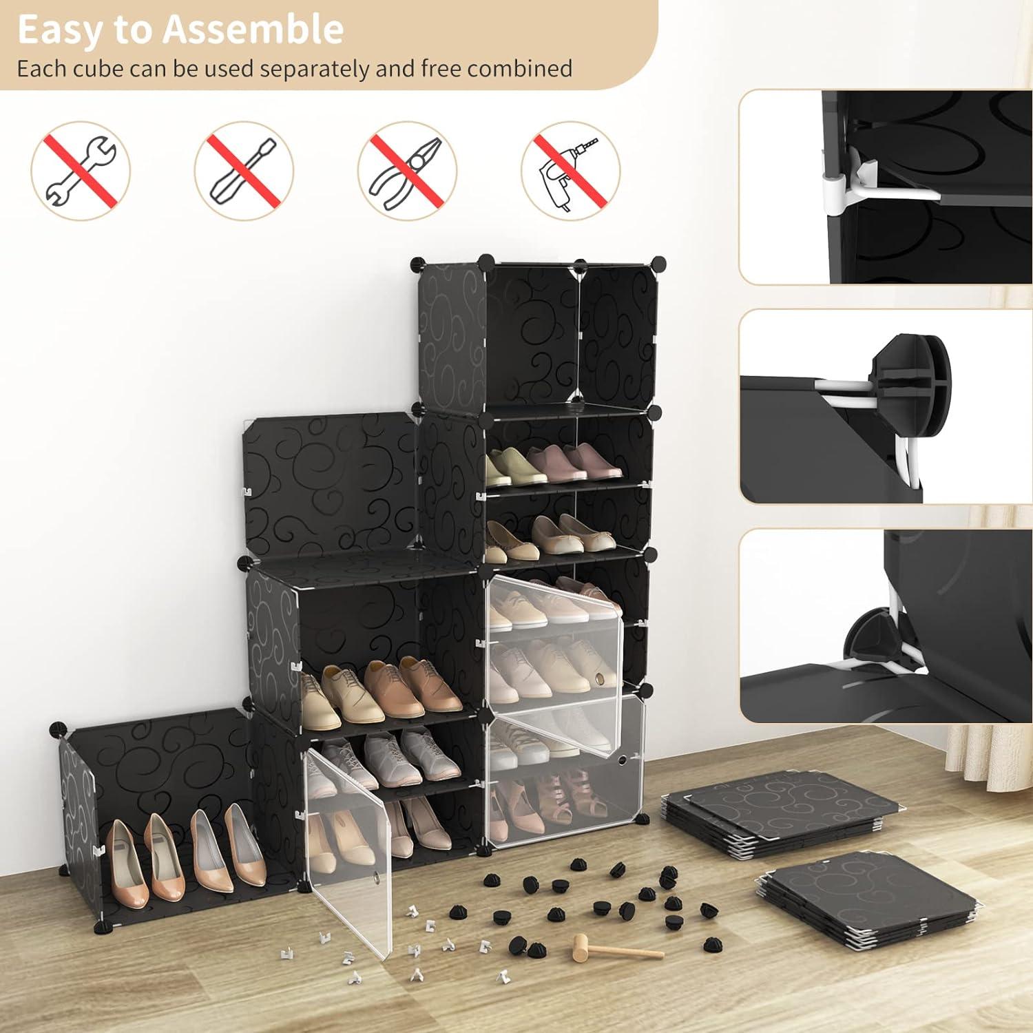 Black and White Freestanding Plastic Shoe Storage Cabinet with Doors