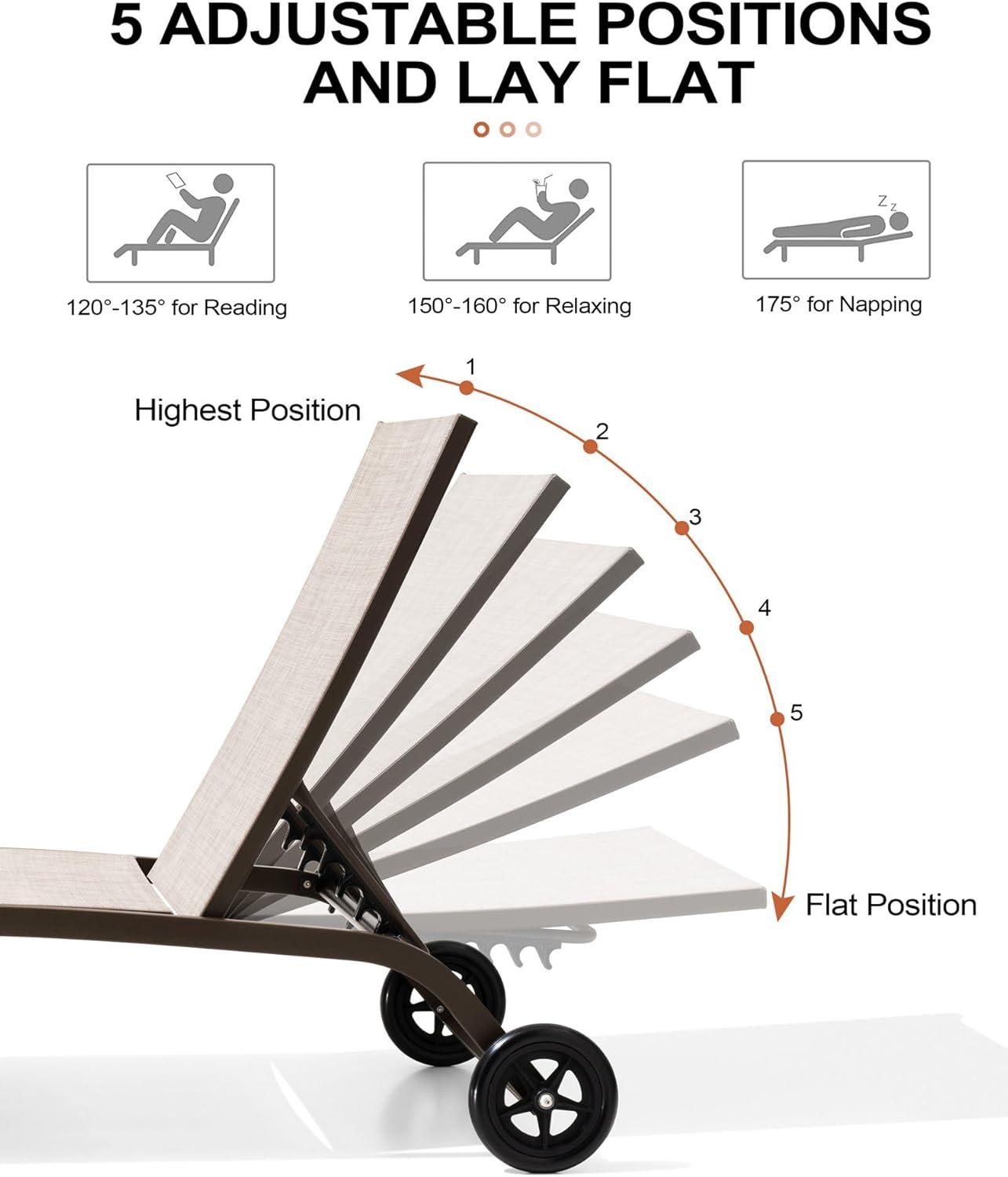 2pc Outdoor Adjustable Chaise Lounge Chairs with Wheels - Beige - Crestlive Products: Aluminum Frame, Rust & Weather-Resistant