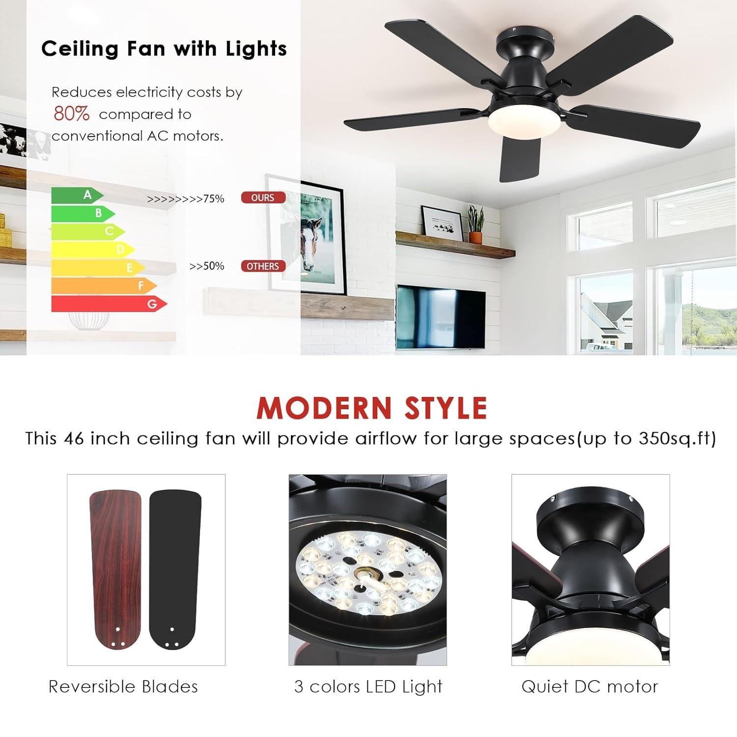 46" Low Profile Indoor Ceiling Fan with Light and Remote/APP Control, Flush Mount, LED Dimmable DC Reversible Modern Ceiling Fan for Bedroom - Black