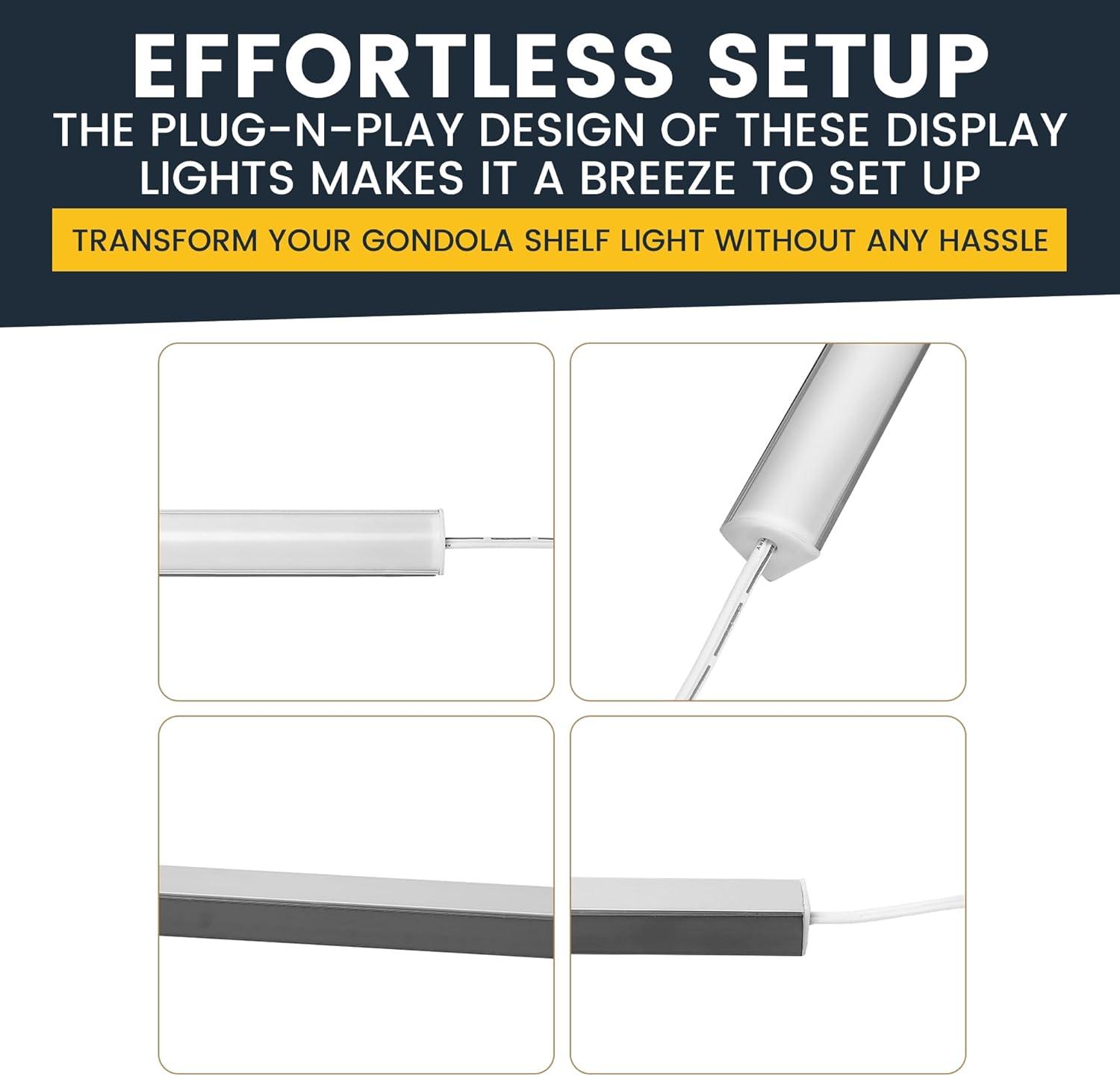 Gondola LED Shelf Lighting, 6500K Shelf LED Lights with Opalescent PC Cover, 50,000-Hour LED Shelf Lights for Supermarkets, Magnetic 4-ft Strip, 24V Adapter, 4-Pack Shelf Light, V-Shape