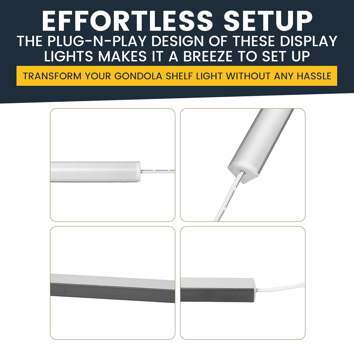 Gondola LED Shelf Lighting, 6500K Shelf LED Lights with Opalescent PC Cover, 50,000-Hour LED Shelf Lights for Supermarkets, Magnetic 4-ft Strip, 24V Adapter, 4-Pack Shelf Light, V-Shape