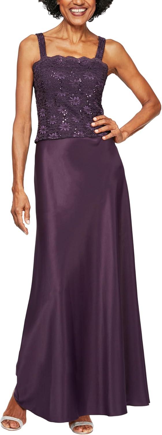 Alex Evenings Women's Long Mock Jacket Dress with Satin Skirt, 8 Eggplant