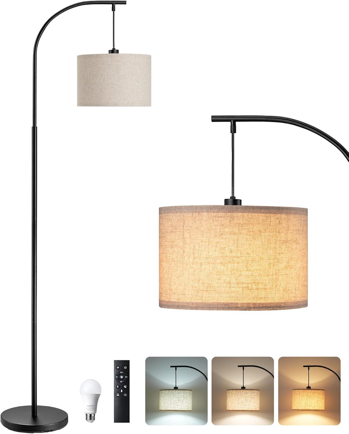 EDISHINE Modern Arc Floor Lamp with Beige Linen Drum Shade & Heavy Base, Dimmable Black Reading Light, Remote Control Bulb Included, Tall Standing Lamp for Reading, Office, Lighting