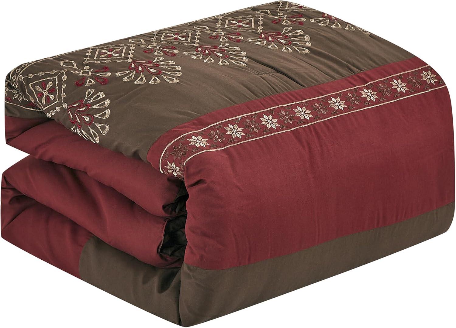 King Size 7 Piece Burgundy Brown Embroidery Soft Bedding Comforter Set
