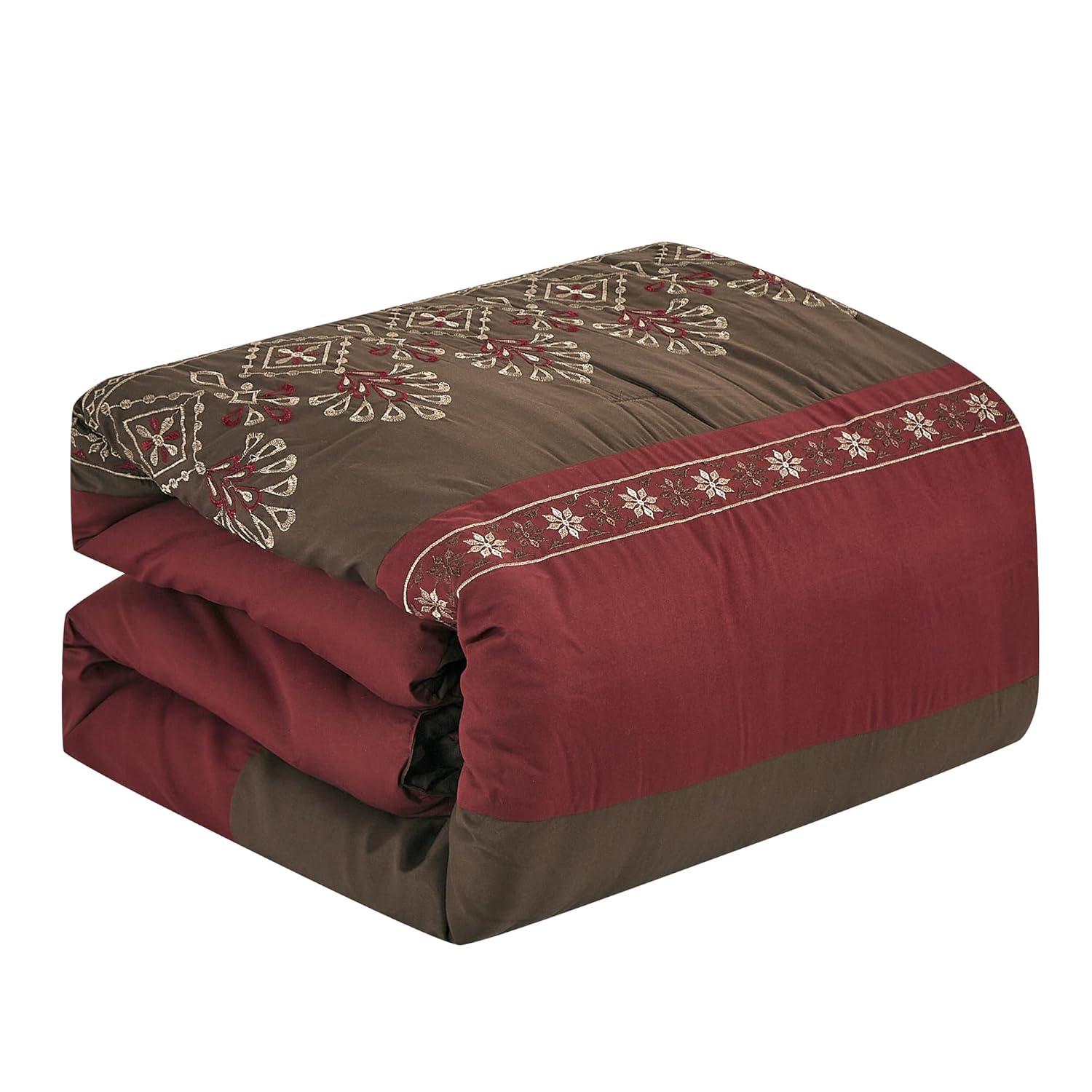 King Size 7 Piece Burgundy Brown Embroidery Soft Bedding Comforter Set
