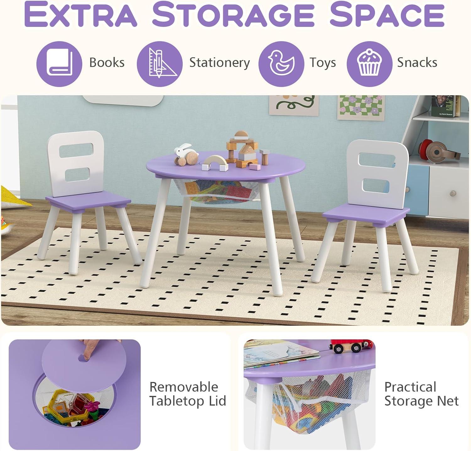 Purple Wooden Kids Table and Chair Set with Storage