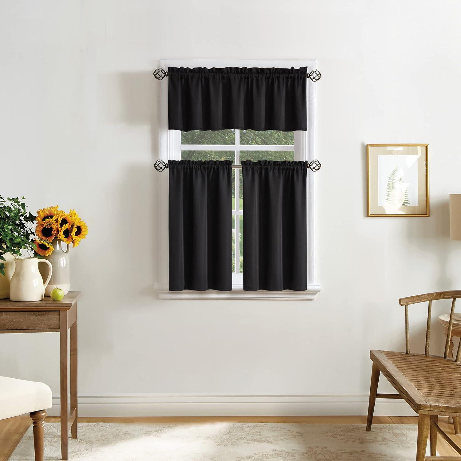 Black Polyester Light-Filtering Rod Pocket Kitchen Tier Curtains