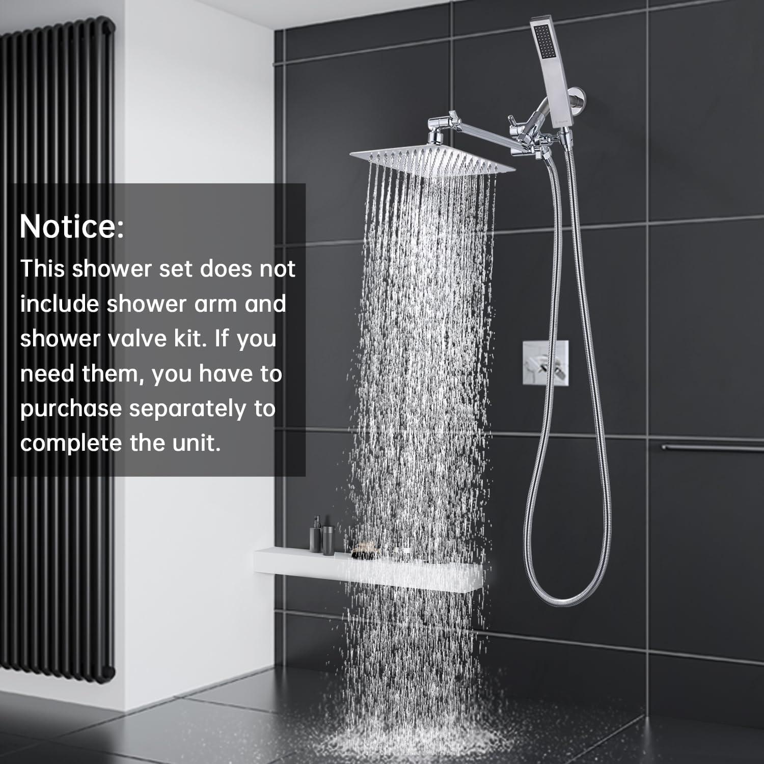 G-Promise All Metal Dual Square Shower Head Combo,8" Rain Shower Head,Handheld Shower Wand with 71" Extra Long Flexible Hose,Smooth 3-Way Diverter,Adjustable Extension Arm - A Bathroom Upgrade Polished Chrome