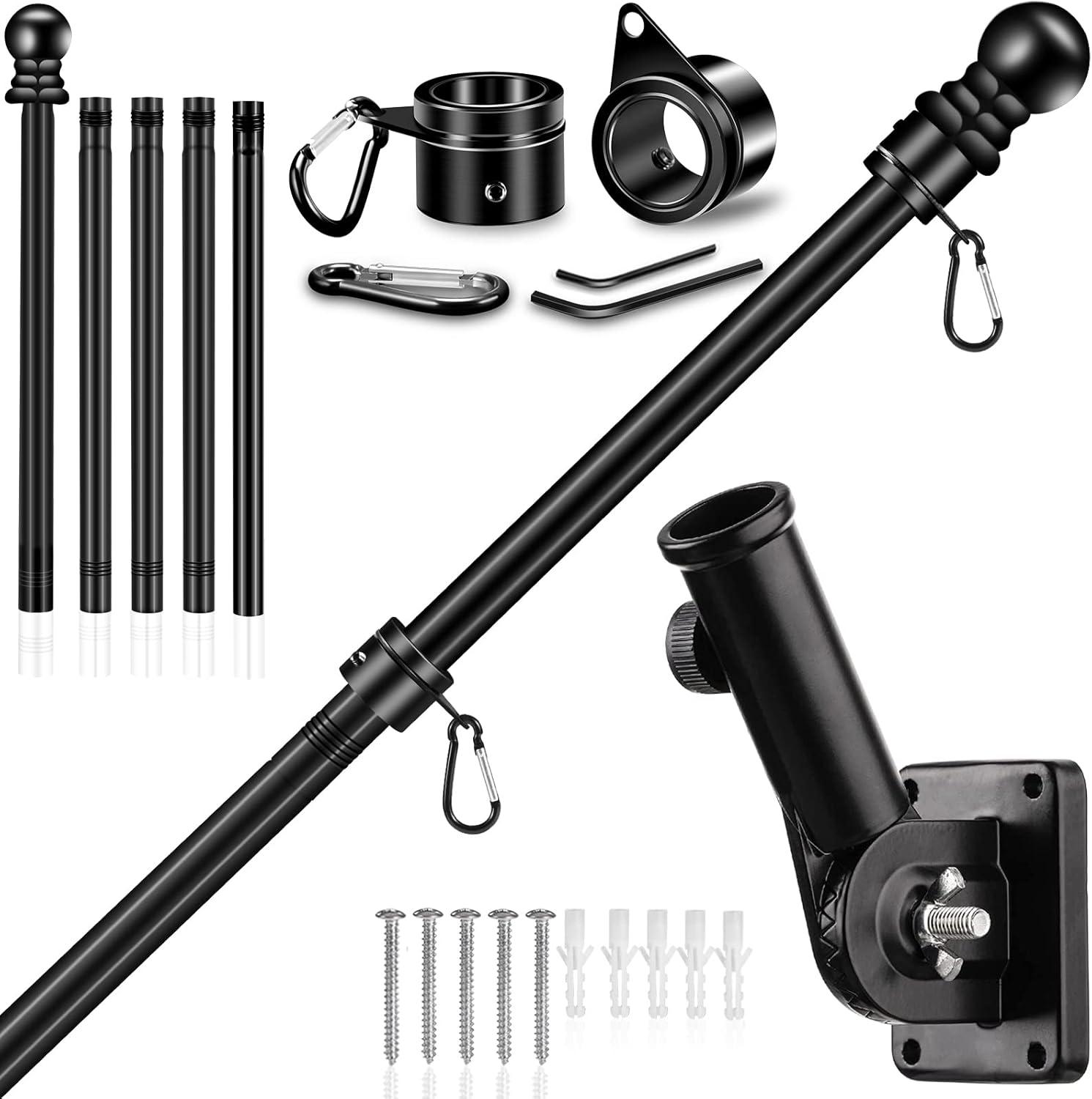 6 FT Flag Pole Kit with Mutil-Position Adjustable Bracket & Spinning Flagpole Rings, 1" Thicken Stainless Steel Metal Flag Poles for 3x5 Flag Outside House Wall Post Mount (6 FT, w/180° Black Bracket)