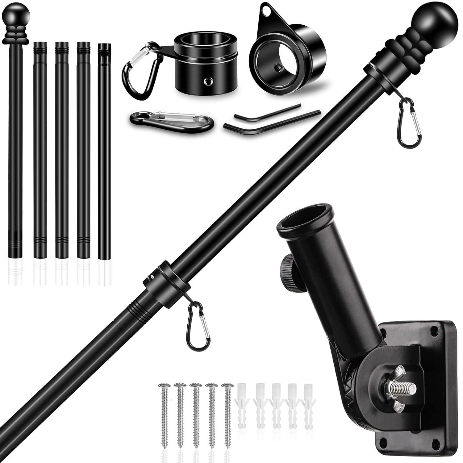 6 FT Flag Pole Kit with Mutil-Position Adjustable Bracket & Spinning Flagpole Rings, 1" Thicken Stainless Steel Metal Flag Poles for 3x5 Flag Outside House Wall Post Mount (6 FT, w/180° Black Bracket)