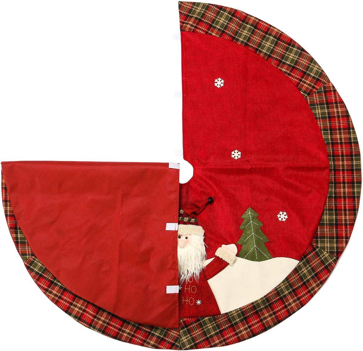 48" Red Burlap Christmas Tree Skirt with Santa and Plaid Edges