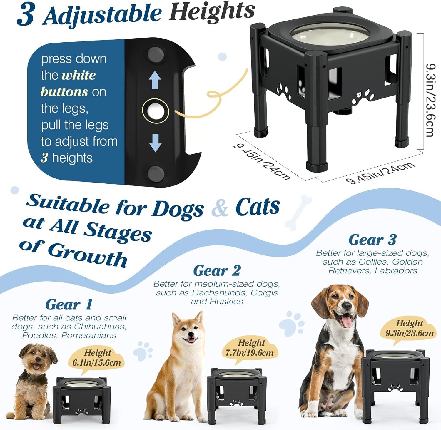 Adjustable Black Elevated Dog Water Bowl with Slow Feeder