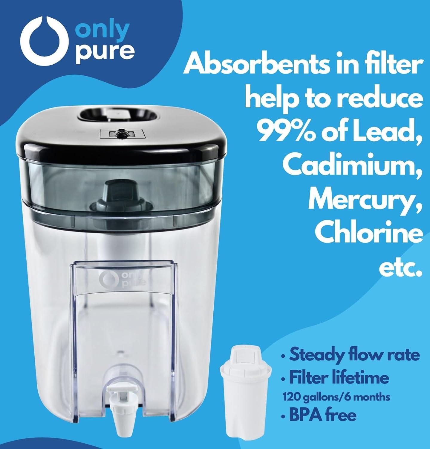 OnlyPure 40-Cup Water Filtration Pitcher, IAPMO Certified, 5X Lifetime, 99% Lead Reduction